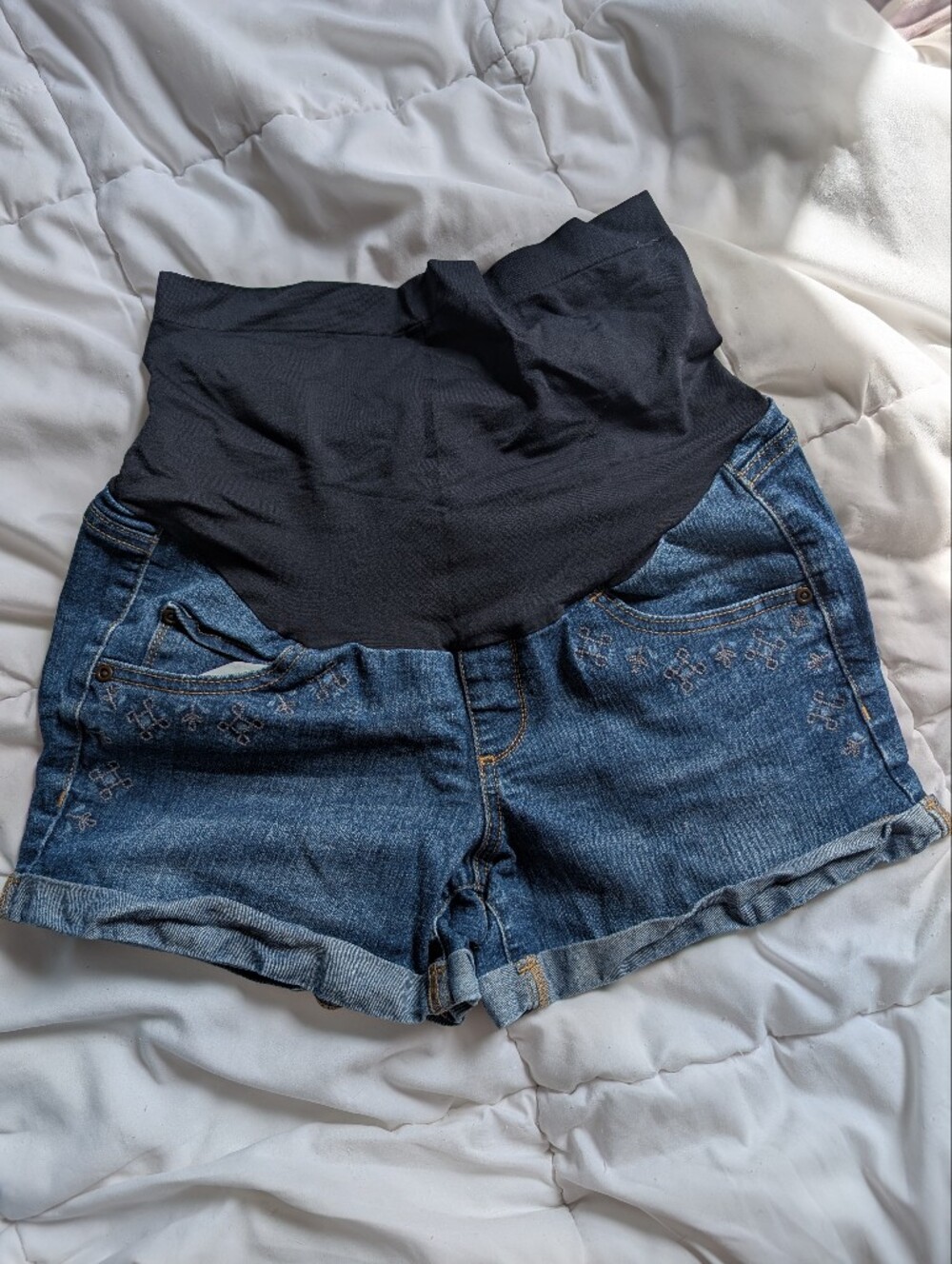 Maternity Denim Shorts with Black Stretch Panel